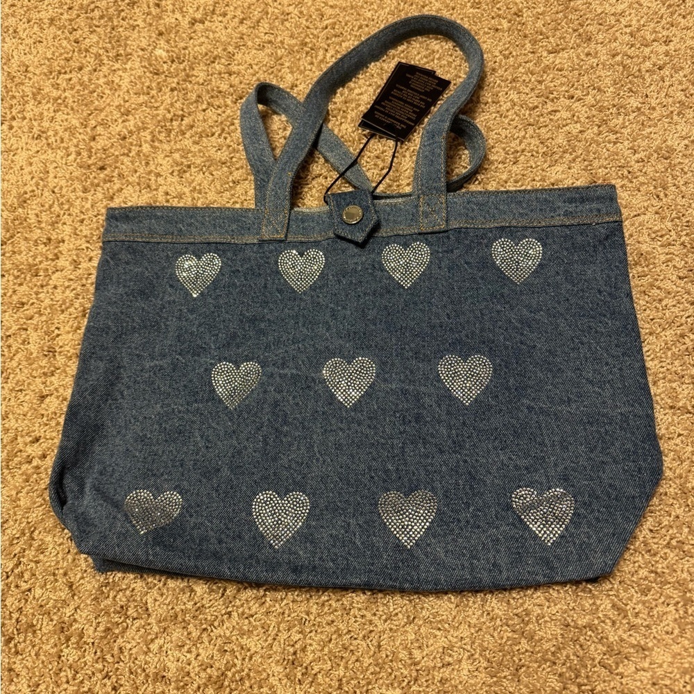 DG2 from HSN Blue Denim Tote Bag with Rhinestone Heart Accents New - Picture 2 of 5